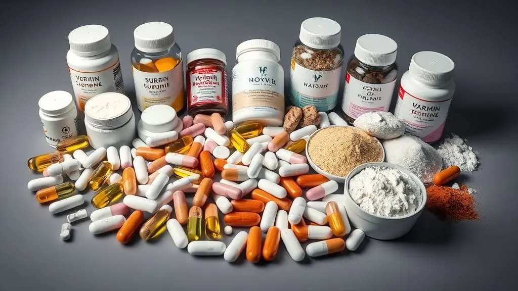 Arranjo simétrico de suplementos vitamínicos essenciais para saúde feminina, com cápsulas e comprimidos variados.