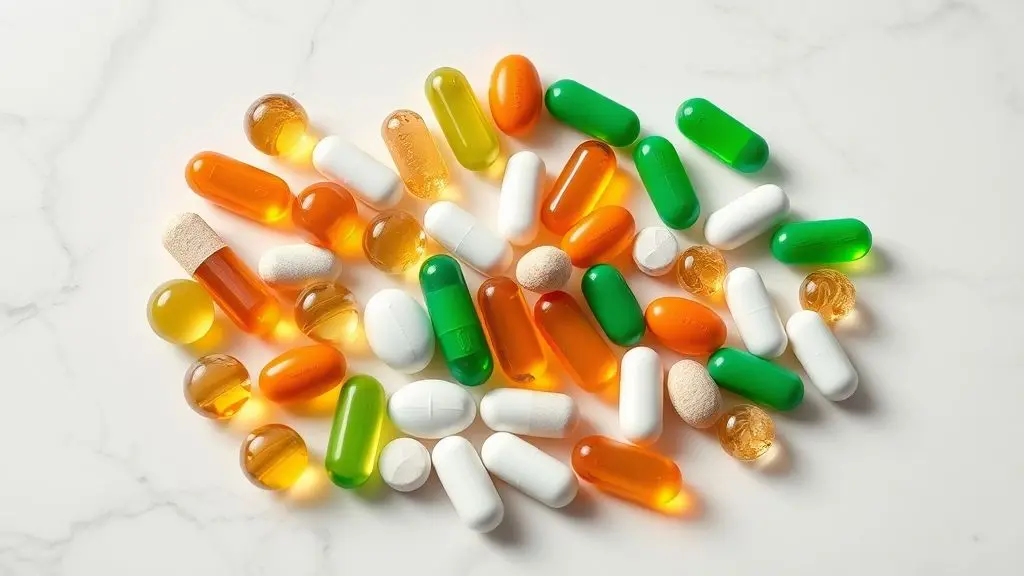 Composição fotográfica de vitaminas e minerais essenciais para saúde ocular saudável e vibrante.